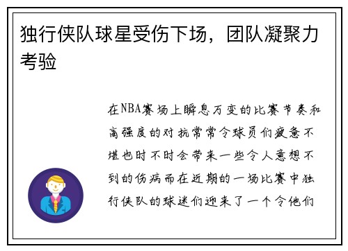 独行侠队球星受伤下场，团队凝聚力考验